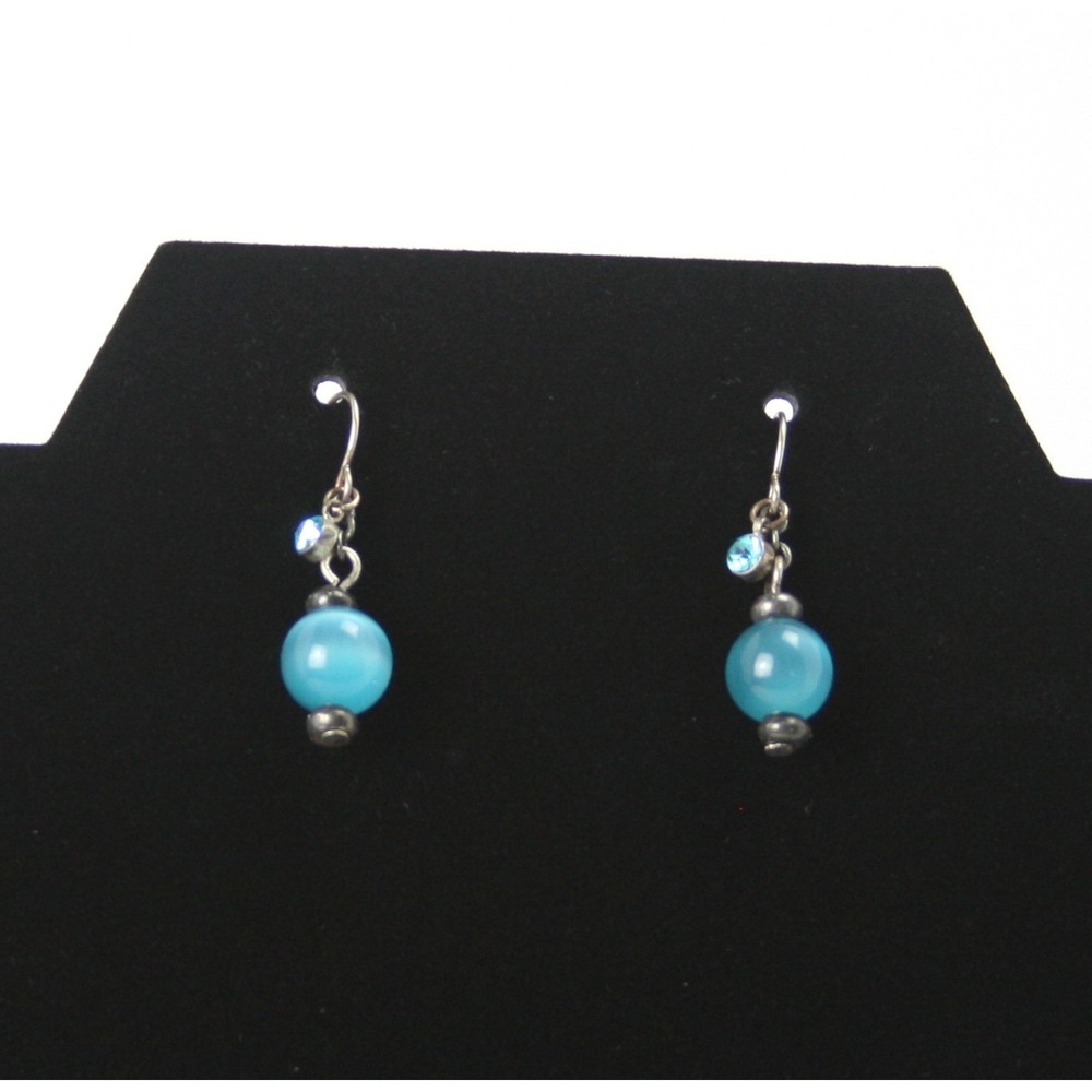 Blue Cat Eye Bead Dangle Earrings Silver Tone Rhinestone Drop French Wire 1 Inch